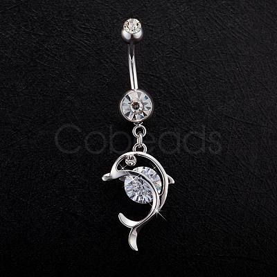 Piercing Jewelry Real Platinum Plated Brass Rhinestone Dolphin Navel Ring Belly Rings AJEW-EE0001-63-1