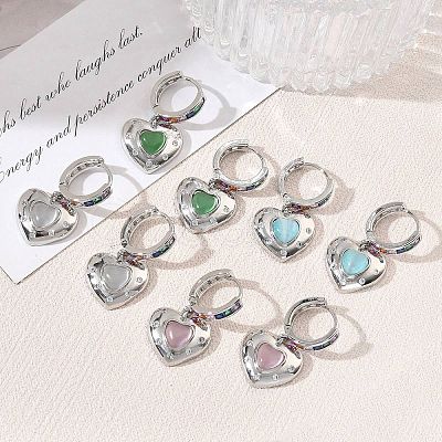 Brass Micro Pave Cubic Zirconia and Cat Eye Beads Heart Hoop Dangle Earrings KK-CBAD9DF-01P-1