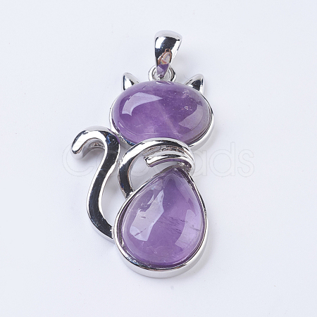 Natural Amethyst Kitten Pendants G-P352-B06-1