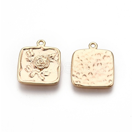 Square with Rose Pattern Brass Pendants KK-G436-20G-1