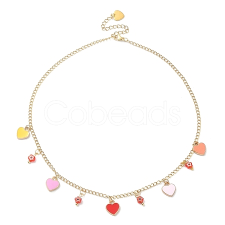 Alloy Heart & Millefiori Glass Flower Bib Necklace with Ion Plating(IP) Handmade 304 Stainless Steel Chains NJEW-JN04403-1