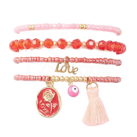 4Pcs 4 Style Evil Eye Valentine's Theme Alloy Enamel & Polycotton(Polyester Cotton) Tassel Charm Bracelets Set BJEW-JB09618-03-1