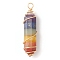 7 Chakra Gemstone Double Terminal Pointed Pendants, Copper Wire Wrapped Gems Faceted Bullet Charms, Light Gold, 49x12x13mm, Hole: 3.7mm