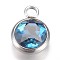 Glass Charms, March Birthstone Charms, Faceted, with 304 Stainless Steel Findings, Flat Round, Teal, 14x10x6.5mm, Hole: 2.5mm