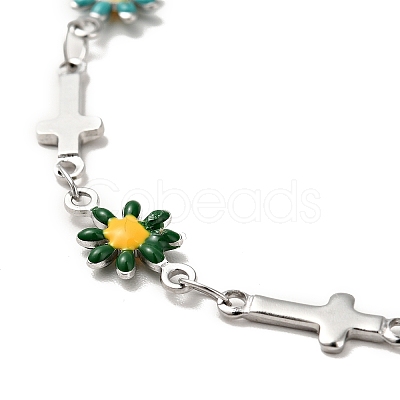 Enamel Flower & Cross Link Chain Bracelet BJEW-C023-01P-01-1