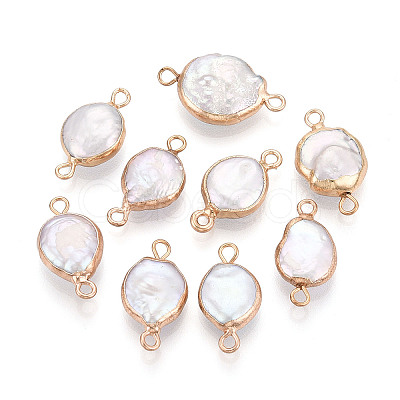 Electroplated Natural Keshi Pearl Flat Round Connector Charms PEAR-S018-02C-04-1