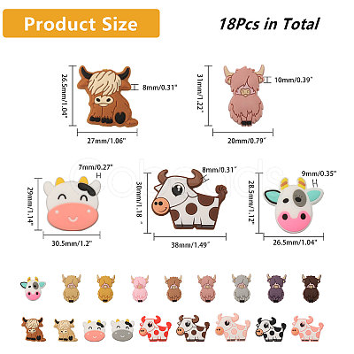 18Pcs 18 Styles Cow/Cattle Food Grade Silicone Focal Beads SIL-CA0002-86-1