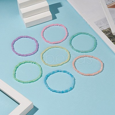 7Pcs 7 Color Glass Seed Beaded Stretch Anklets Set for Women AJEW-AN00528-1