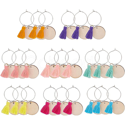 24Pcs 8 Colors Flat Round Wood & Tassel Dangle Wine Glass Charms AJEW-BC0003-13-1