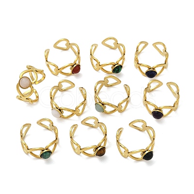 316 Stainless Steel with Natural Mixed Gemstone Cuff Rings RJEW-Z098-01G-01-1
