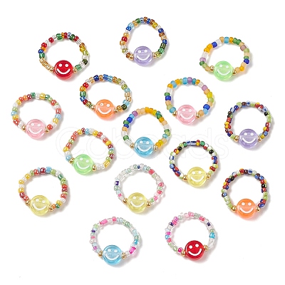 Glass Seed & Acrylic Smiling Face Beaded Stretch Ring RJEW-JR00575-1