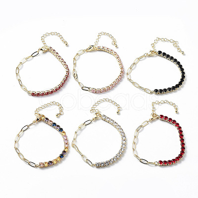 Brass Micro Pave Cubic Zirconia Strass & Paperclip Chain Bracelets BJEW-C052-04G-1