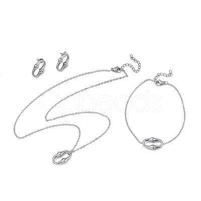 Oval 304 Stainless Steel  Pendant Necklacrs & Stud Earring & Link Bracelet Sets SJEW-C009-01P-1