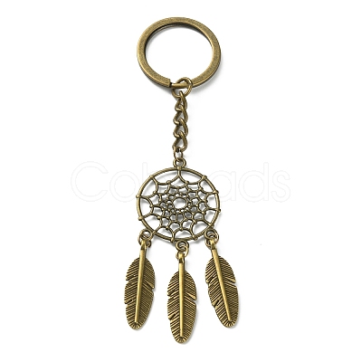 Woven Net/Web with Feather Pendant Alloy Keychain KEYC-WH0004-74AB-1