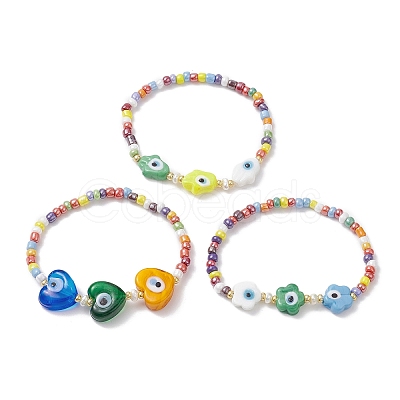 3Pcs 3 Style Heart & Flower & Hamsa Hand Lampwork & Seed Beaded Stretch Bracelets BJEW-JB09372-1