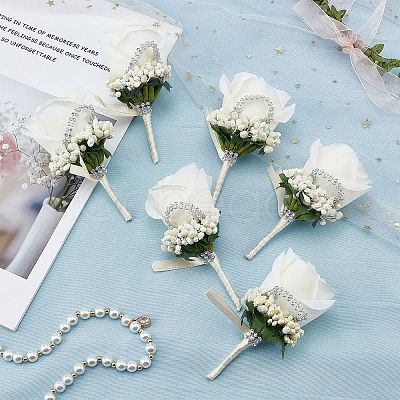 Cloth Rose Flower Boutonniere Brooch with Rhinestone AJEW-WH0258-294C-1