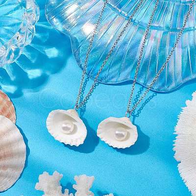 Natural Clam Shell & Imitation Pearl Pendant Necklaces NJEW-JN05006-1