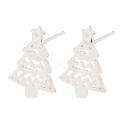 925 Sterling Silver Hollow Christmas Tree Stud Earrings EJEW-F397-01S-1
