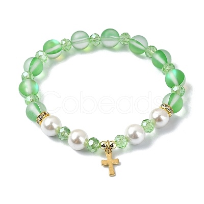 8mm Holographic Synthetic Moonstone & Shell Pearl Round Beaded Stretch Bracelets BJEW-JB10920-1
