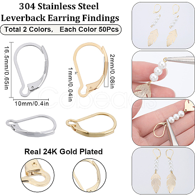 100Pcs 2 Colors 304 Stainless Steel Leverback Earring Findings STAS-SC0006-67-1