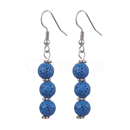 Dyed Nature Lava Rock Round Beaded Dangle Earrings for Women EJEW-JE05636-05-1