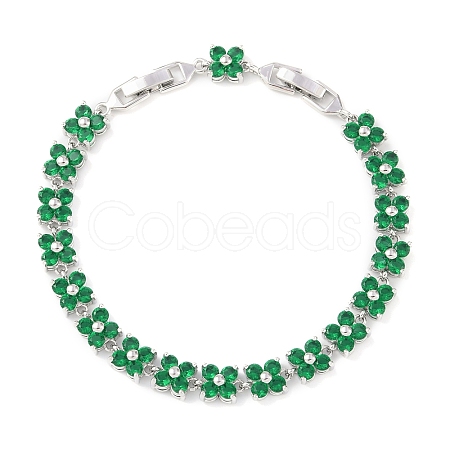 Noble Gift Ideas for Lady Platinum Tone Brass Micro Pave Cubic Zirconia CZ Flower Link Chain Bracelets BJEW-L472-09-1-1