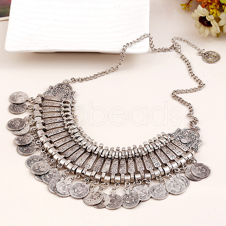 Tibetan Style Alloy Turkish Coin Tassel Chunky Bib Necklaces for Women FS-WG4760A-01-1