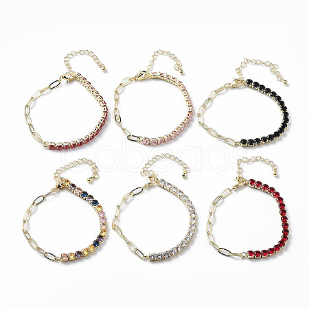 Brass Micro Pave Cubic Zirconia Strass & Paperclip Chain Bracelets BJEW-C052-04G-1