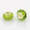 Faceted Glass European Beads, Large Hole Rondelle Beads, with Silver Color Plated Brass Cores, Yellow Green, 14x9mm, Hole: 5mm