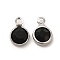 304 Stainless Steel with Glass Charms, Stainless Steel Color, Faceted Flat Round, Black, 9.5x6.5x2mm, Hole: 1.5mm