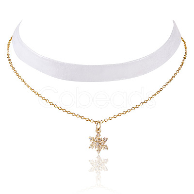 Brass Micro Pave Clear Cubic Zirconia Snowflake Pendant Single Face White Velvet Ribbon & Brass Chain Double Layered Choker Necklaces NJEW-TAC0037-1