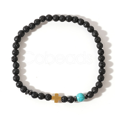 Natural Lava Rock & Synthetic Turquoise Round & Synthetic Non-magnetic Hematite Corss Beaded Stretch Bracelets LS-SL0705-1