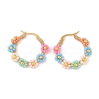 PVD Vacuum Plating 304 Stainless Steel Flower Hoop Earrings EJEW-U017-01G-03-1