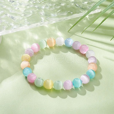 Dyed Natural Selenite Round Beaded Stretch Bracelet BJEW-JB09411-02-1
