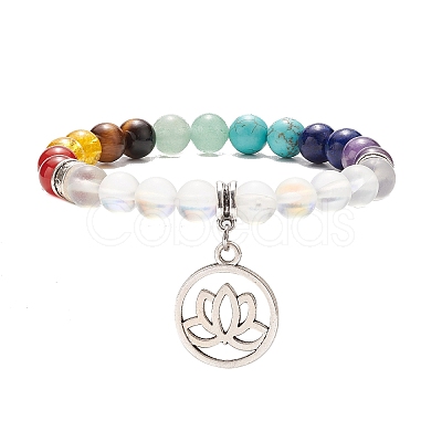 Synthetic Moonstone & Mixed Gemstone Stretch Bracelet with Alloy Lotus Charms BJEW-TA00134-02-1