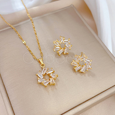 Brass Micro Pave Cubic Zirconia Pendant Necklace & Stud Earrings WG7AC39-67-1