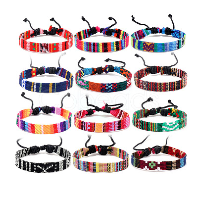 12Pcs Adjustable Ethnic Style Cotton Cord Braided Bracelets for Men Women FS-WGF0782-01-1