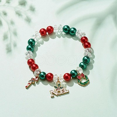 Acrylic Pearl Beaded Stretch Bracelet with Alloy Enamel Charms BJEW-JB08292-1