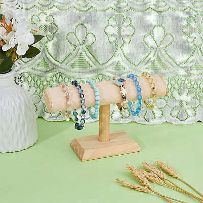 Velvet T-Bar Bracelet Display Stands with Wooden Base BDIS-WH0010-03B-1