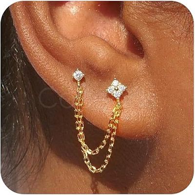 Brass Clear Cubic Zirconia Flower Tassel Stud Earrings FS-WG6AA9D-01-1