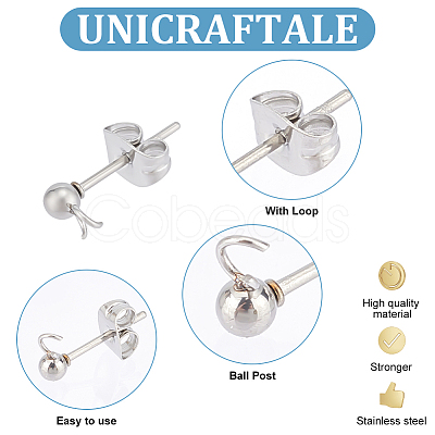 100Pcs 304 Stainless Steel Ball Post Stud Earring Findings STAS-UN0056-35-1
