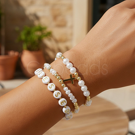 3Pcs Imitation Pearl Letter & Metal Cross Multi-Strand Bracelet Sets NP1361-1