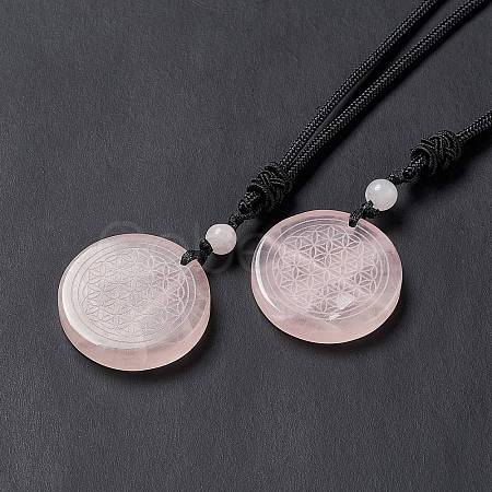 Natural Rose Quartz Flat Round with Flower of Life Pendant Necklace with Nylon Cord for Women NJEW-P274-02-06-1