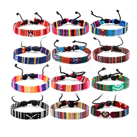 12Pcs Adjustable Ethnic Style Cotton Cord Braided Bracelets for Men Women FS-WGF0782-01-1