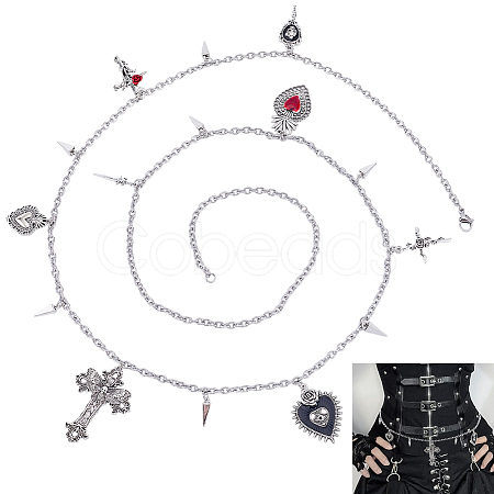 1Pc Gothic Theme Alloy Heart Cross Rose Flower Rivet Pendant Waist Belly Chains NJEW-BM0001-06-1