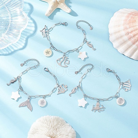 3Pcs Ocean Theme 304 Stainless Steel Charm Bracelets BJEW-JB12218-1