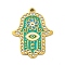 Ion Plating(IP) 304 Stainless Steel Rhinestone Pendants, with Enamel, Hamsa Hand with Flower & Evil Eye Charm, Real 18K Gold Plated, 26x20.5x2mm, Hole: 1.6mm