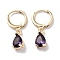 Real 18K Gold Plated Brass Dangle Hoop Earrings, with Glass, Teardrop, Purple, 26x6mm