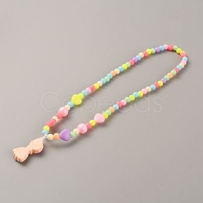 Plastic Girl Pendant Necklace with Heart Beaded for Kids NJEW-TAC0009-03-1