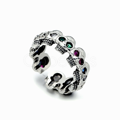 Brass Rhinestones Skull Open Cuff Rings for Unisex PW-WGC11C2-01-1